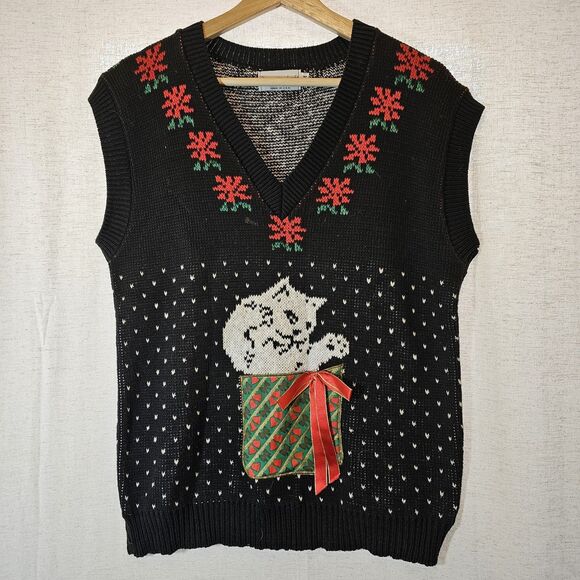 Vintage Sweater Loft Ugly Christmas Sweater Vest White Kitty Cat Gift USA Medium - Picture 1 of 7